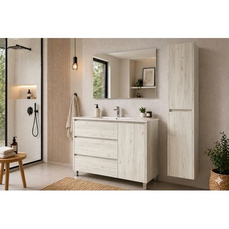 Mobile Bagno VOLUM Già Montato 3 cassetti e porta, lavabo e specchio Bianco nordico 80x40 cm con colonna