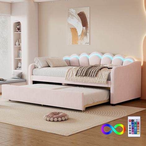 Lit gigogne 90x200 cm, avec lit gigogne, éclairage LED orientable, velours, télécommande, sommier à lattes, style minimaliste, adapté aux enfants et adolescents - Rose (1/5)