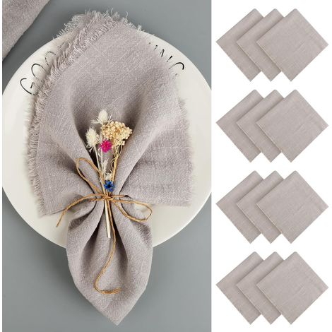12 Pièces Serviettes de Table en Tissu, 42 x 42 cm Serviette de Table Coton avec Franges pour Anniversaire, Mariage Décoration (Gris Clair) (1/5)