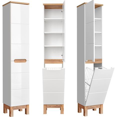 Hochschrank mit Wäschekorb SOLNA-56 Hochglanz weiß mit Wotaneiche, B x H x T ca. 35 x 187 x 33cm (1/5)