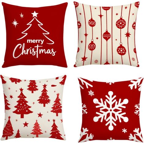 Lot de 4 Housses de Coussin de Noël, Rouge Housse d'oreiller 45 x 45, Taie d'oreiller Décorative Arbre de Noël, Noel Deco en Hiver pour Salon Chambres