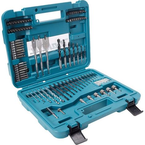 Makita – Coffret de forets et embouts 100 pièces – 14 mèches métal 1,5 à 8 mm – 6 forets maçonnerie 3 à 10 mm – 3 perceuses à bois 16 à 25 mm (1/5)