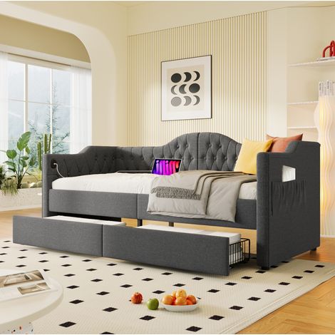 Cama de día tapizada 90x190 cm con 2 cajones, USB y USB-C, gris, sin colchón HAVRYA (1/5)
