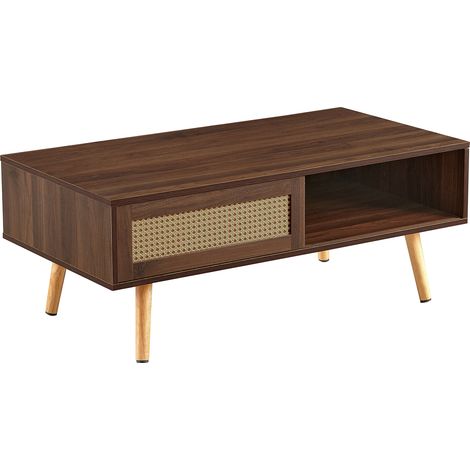 Korbgeflochtener Couchtisch, Teetisch mit Schiebetüren, Beine aus Massivholz, moderner Wohnzimmertisch, Dunkles Walnussholz-H40/B1050/T55 cm (1/5)