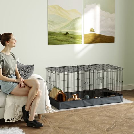 Cage 2 en 1 pour petits animaux, couvercle amovible et compartiments séparés, 121 x 61 x 61 cm, noire (1/5)