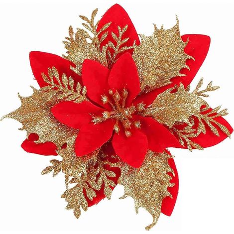 Lot de 24 Fleurs de Noël Artificielles Rouges Pailletées 13cm, Tiges avec Pinces, Décorations DIY Couronne Guirlande Sapin Réveillon Mariage Fête (1/5)
