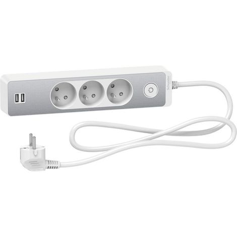 Bloc multiprise 3 prises 2P+T + 2 USB - Blanc et alu - Schneider