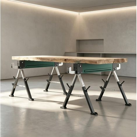 Tréteaux pliables 116x64x64-81 cm en métal vert, gain de place pour atelier FloraGrace (1/5)