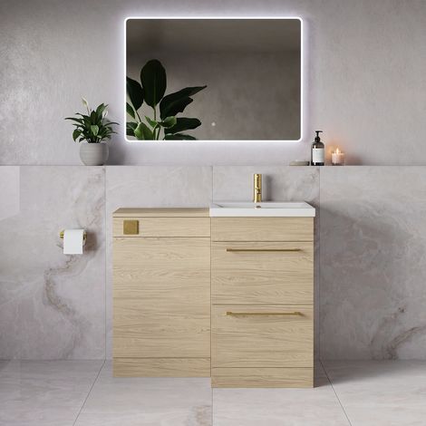Napoli 390 Light Oak 1000mm 2 Drawer Vanity Unit Toilet Suite with Glide Basin - 1000mm - Brushed Brass 320mm HandleWithout Kingston Toilet Pan
