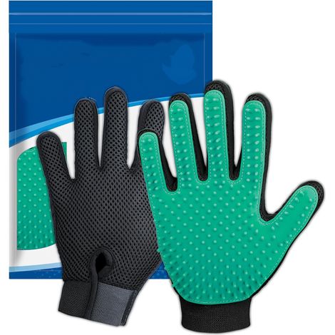 Gants de démêlage premium pour animaux - 1 paire (vert) Brosse de démêlage douce pour chiens et chats à poils longs et courts Gant efficace pour retirer les poils (1/5)