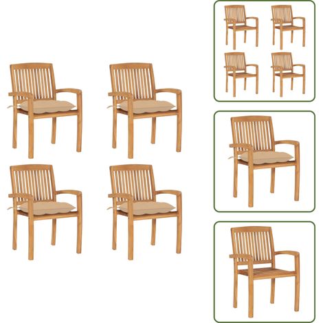 The Living Store Stapelbare Gartenstühle mit Kissen 4 Stk. Massivholz Teak - Teakholz (1/5)