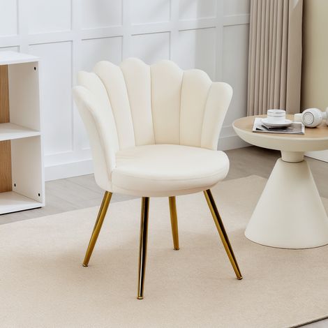 Muschelförmiger Sessel, Ankleidestuhl, Samtsessel, Loungesessel mit beigefarbenen goldenen Metallbeinen