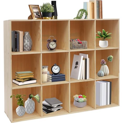 Bibliothèque à 3 étages, 12 compartiments, séparateur de pièce, rectangulaire, étagère de rangement pour salon, chambre à coucher, bureau, chambre d'enfant, 120 x 30 x 90 cm, couleur bois