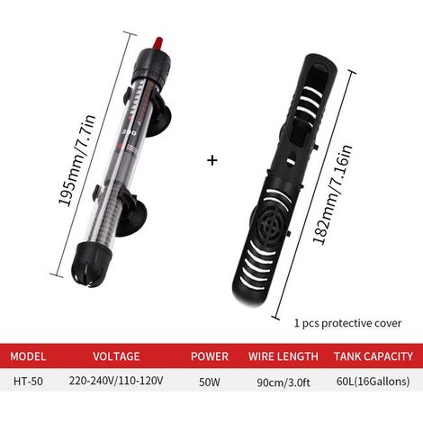 Aquarium heater, 50 watts, with thermostat, suction cup and integrated thermometer, 220 volts (1/4)