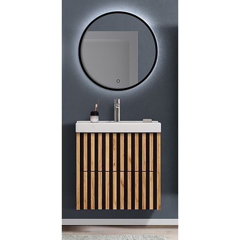 Badmöbel Set in Eiche Nb. mit Lamellenfronten LUCCA-107, LED-Spiegel, Waschtisch 60 cm, B/H/T: ca. 61/200/46 cm (1/5)