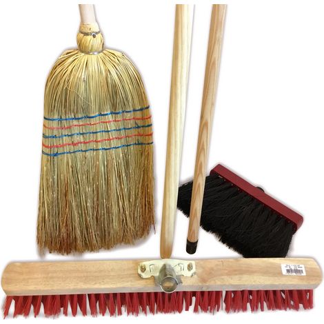 Lot de 3 ensembles de 3 balais de rue Paille de riz 35 cm Cantonnier brosse PVC 60 cm Modèle Mickey 29 cm Manches bois Kibros 3LOTB2x3