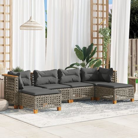 Canapé d'extérieur 6 places en résine tressée grise avec coussins amovibles - Salon de jardin modulaire en poly rotin, acacia massif, UV résistant, pièces incluant sièges d'angle, centraux et repose-p (1/5)