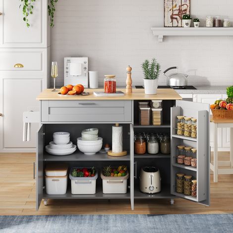 Îlot de cuisine 132,5x44(70)x90 cm en MDF gris, avec rangement, pour cuisine FloraGrace (1/5)