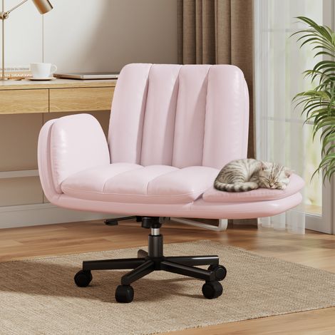 Chaise bureau ergonomique PU pivotante‑Patbrela‑hauteur réglable, accoudoirs rabattables, siège confortable bureau‑coiffeuse rose (1/5)