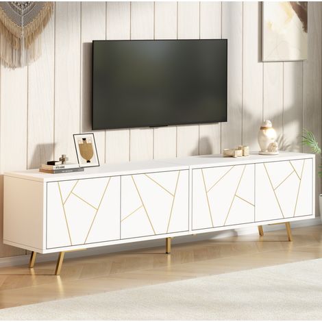 Mobile TV in pannello truciolare bianco e oro 190 x 40 x 51,5 cm con 4 ante, 8 vani e 5 gambe in metallo (1/5)