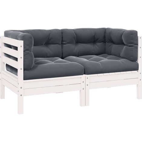 Gartensofa 2-Sitzer mit Kissen in Weiß Massivholz Kiefer