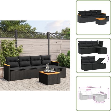 The Living Store 6-tlg. Garten-Sofagarnitur mit Kissen Schwarz Poly Rattan - Gartenmöbel - Esszimmergarnituren - Outdoor-Lounge - Rattanmöbel - Balkonmöbel (1/5)