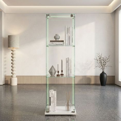 Comanlai - Vitrine en Verre avec LED - Transparent Sur pied Vitrine trempé moderne avec 3 Couches avec Porte - Vitrines de collection - Blanc