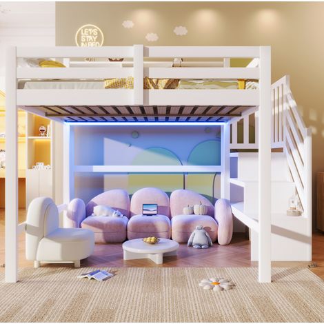Lit mezzanine enfant 140x200 cm avec LED, rangement et escalier, blanc, OKWISH (1/5)