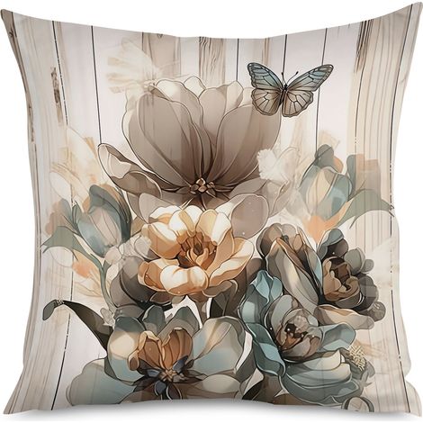 Housse de coussin fond bois chêne et roses rouges (1/5)