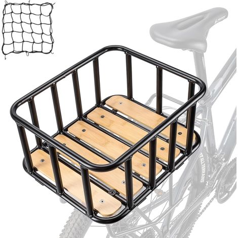 Panier arrière de vélo – Grand panier porte-bagages avec fond en bois, housse imperméable et filet cargo haute capacité de charge (1/5)