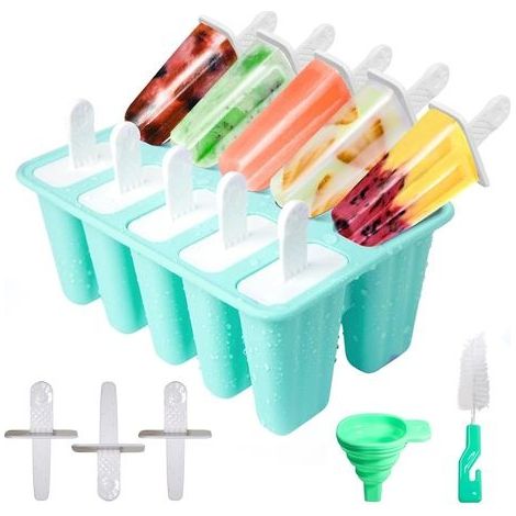 Moule Glace 10 Cavités , Avec Batonnet Glace , Brosses Et Entonnoirs Pliants , Silicone Moule à Glace Pour Glace , Sans BPA (Vert) (1/5)