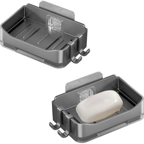 2 Pièces Porte Savon a Coller en ABS, Support Savon Douche avec Bac de Récupération d'eau, Gris Porte-Savon Mural avec Crochet, pour Salles de Bains, Buanderies et Cuisines (1/5)