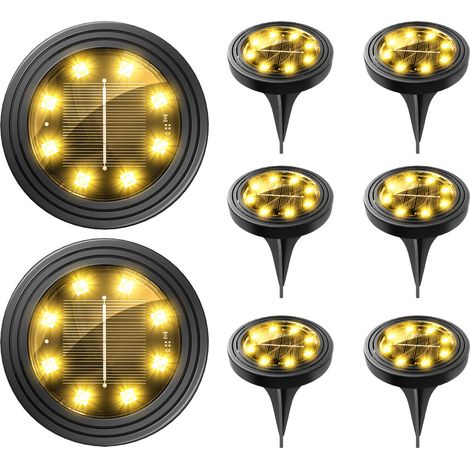 Lot de 8 lampes solaires d'extérieur, étanches IP68, 8 lampes solaires LED, projecteurs solaires longue durée, éclairage à lumière chaude, adaptés aux jardins, allées et terrasses.