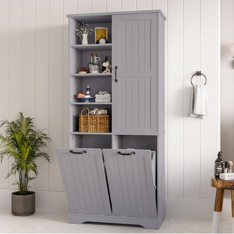 Armadio bagno MDF grigio 78x35x172,7 cm con 2 cesti portabiancheria FloraGrace (1/5)