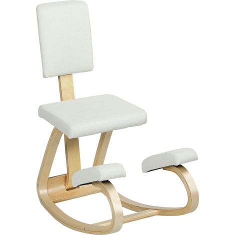 Sedia Inginocchiatoio Dondolante in Tessuto Effetto Lino e Legno di Betulla, 51x84x93 cm, Crema