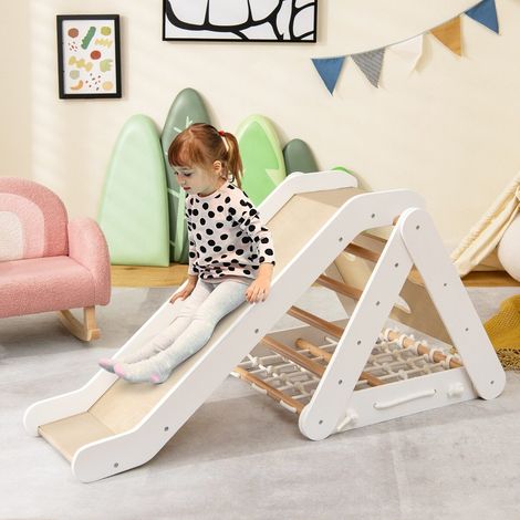 4 in 1 Toddler Wooden Triangle Climber with Ramp and Sliding Board-White (1/5)
