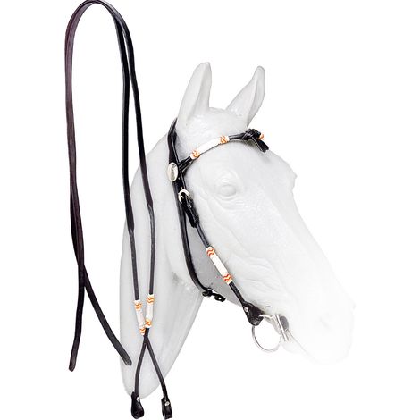 Full, Nero: Briglia western in cuoio tubolare con frontalino a fiocco inserti rawhide completa di redini