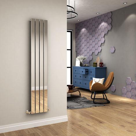 ELEGANT 1600 x 300 mm Modern Vertical Column Designer Chrome Radiator Single Panel Radiator Heater + Chrome Thermostatic Radiator Valves (1/5)