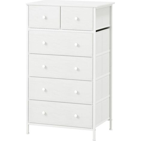 Commode 6 tiroirs en tissu blanc avec poignées rondes, meuble de rangement pour chambre et salon (1/5)