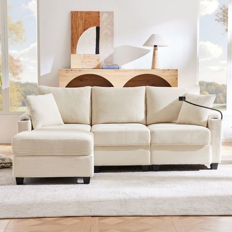 Canapé d'angle convertible 3 places avec pouf - Porte-boissons et chargeur USB - Tissu beige - Structure bois - Salon et bureau (1/5)