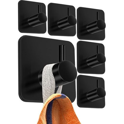 Juego de toalleros de acero inoxidable sin necesidad de taladrar - 6 ganchos autoadhesivos resistentes al agua para baño - Negro (1/5)
