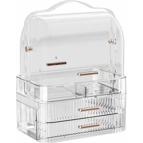 Große Kosmetikbox mit transparentem Deckel, Schubladen, Tragegriff, wasser- und staubdicht. Ideal für die Arbeitsplatte, das Badezimmer, die Kommode oder als Geschenk. (1/5)