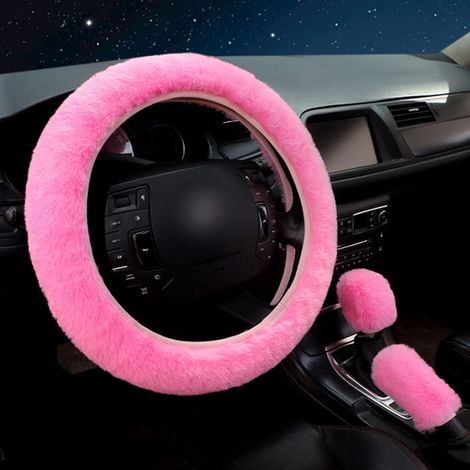 Housse de volant universelle - peluche - lot de 3 - douce - accessoires auto - 36-39 cm (rose) (1/3)