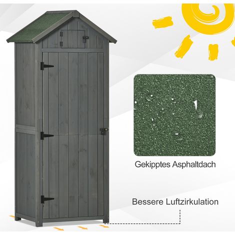 Armoire de jardin en bois, abri de jardin résistant aux intempéries 77x54,2x179cm, cabane de rangement avec porte, toit à deux pans, étagères intérieures, meuble à outils pour extérieur, terrasse, Gri (1/4)