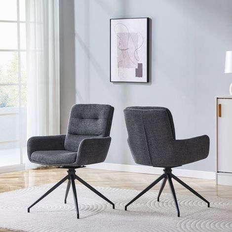 [Lot de 2] Chaise pivotante européenne au design luxueux et léger : revêtement en lin gris foncé + pieds en métal noir, pivotement à 360°, lot de 2 pour salles à manger / espaces de détente. (1/5)