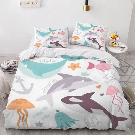 Housse de Couette 140x200 Enfant Poisson De Dessin Animé Parure de Lit 1 Personne Microfibre Housse de Couette Créatures Marines Mignonnes 3D Imprimé Literie Set 3 Pièces avec Fermeture Éclair - 140x2 (1/5)