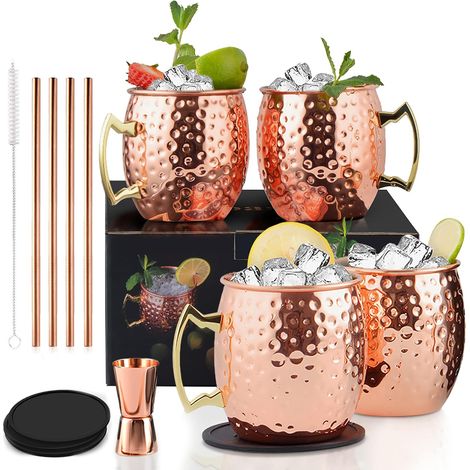 Lot de 4 Verres en Cuivre Moscow Mule, Faits à la Main et Marqués, 530 ml, Double Wall avec 4 Sous-Verres, 4 Pailles, Brosse et Tasse à Mesurer, Cadeau Emballage (1/5)