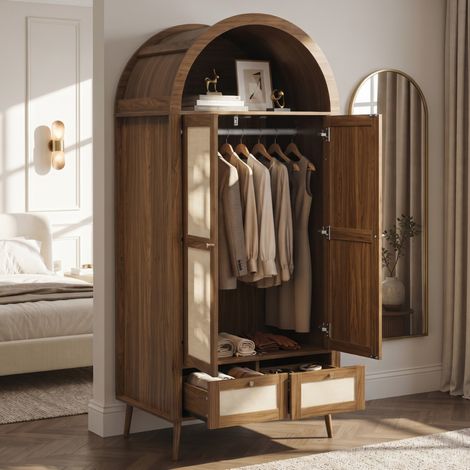 Armadio 2 ante con appendiabiti, 2 cassetti e vano aperto 80 x 55 x 180 cm, MDF noce e beige (1/5)
