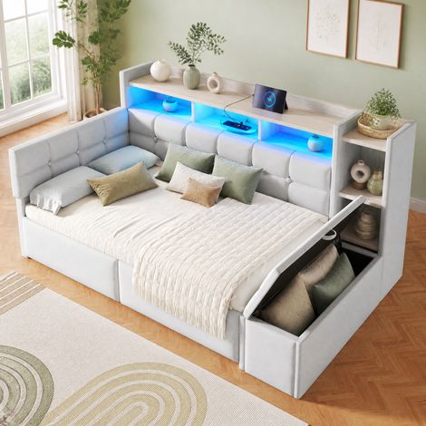 Schlafsofa 90x190 cm weiß aus Samt mit zwei Schubladen, LED, USB- und Typ-C-Anschlüssen (1/5)