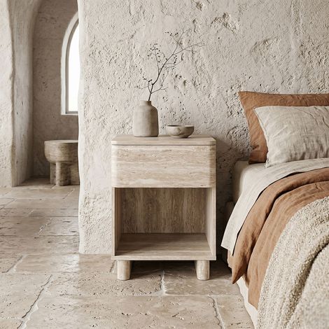 The Home Deco Factory – Table de chevet effet pierre blanc et beige – Compact avec tiroir et niche ouverte – Design contemporain pour chambre (1/5)